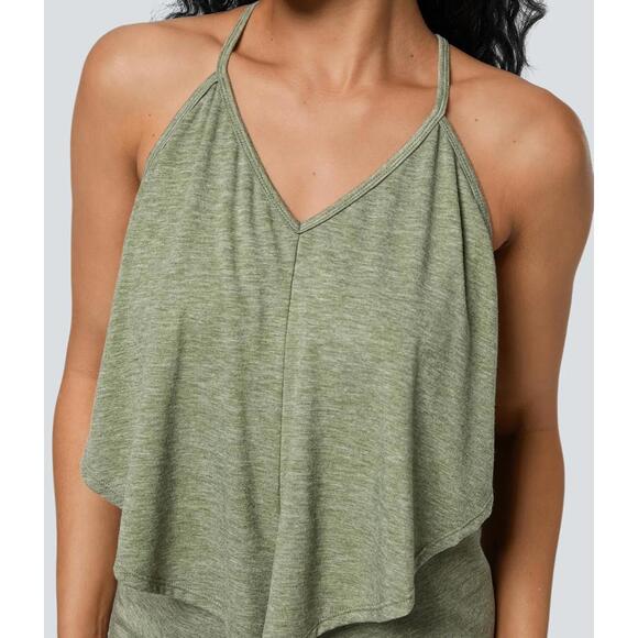 NWT Halara V Neck Tie Back Ruched Maxi Slip Dress Light Green Floral Yarn L - Picture 10 of 11